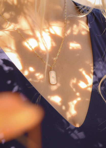 14K Gold Plated Sterling Silver Mother of Pearl Sunburst Mystical Paperclip Chain Necklace / PMJ0029