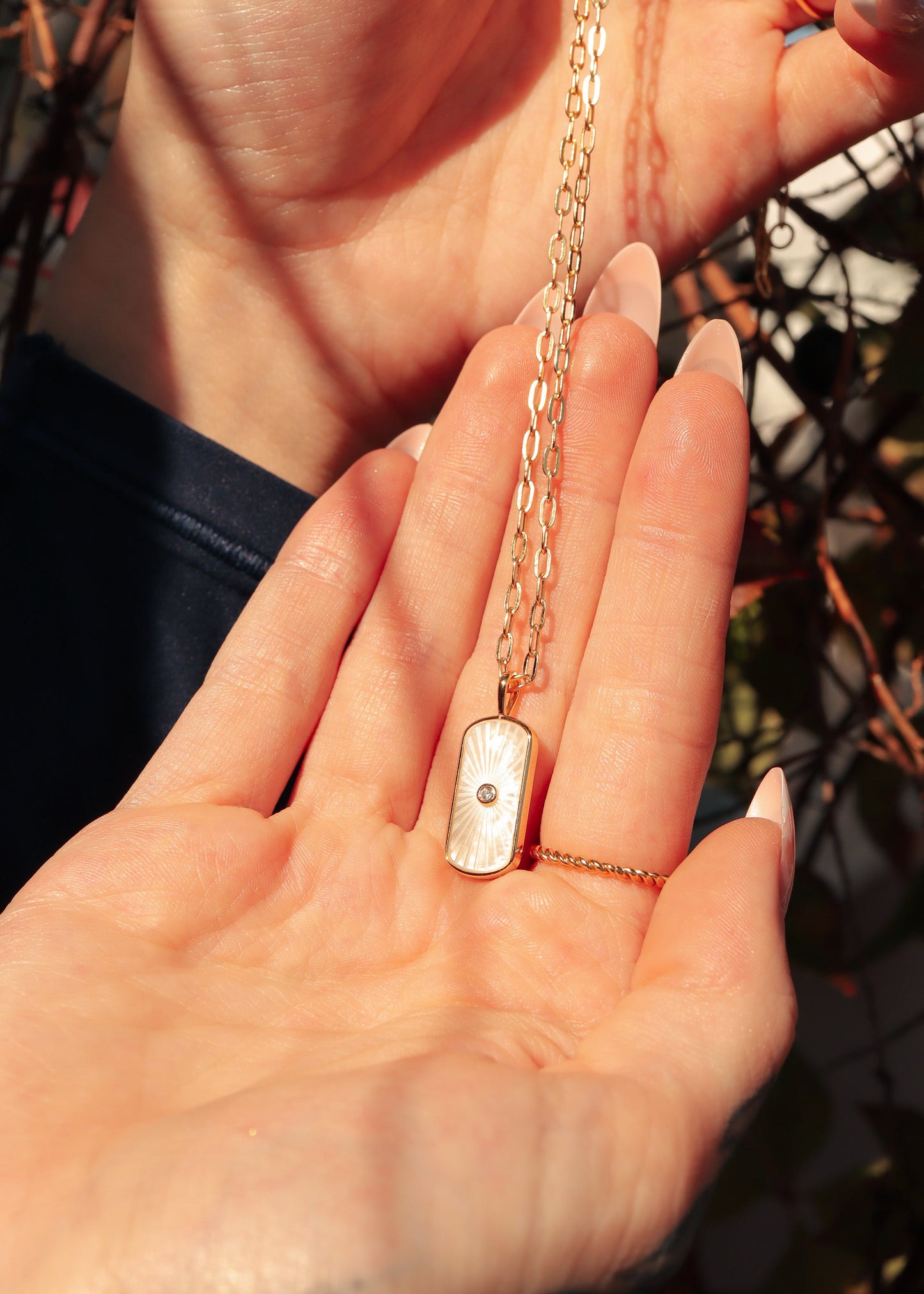 14K Gold Plated Sterling Silver Mother of Pearl Sunburst Mystical Paperclip Chain Necklace / PMJ0029