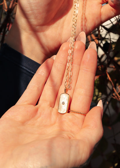 14K Gold Plated Sterling Silver Mother of Pearl Sunburst Mystical Paperclip Chain Necklace / PMJ0029