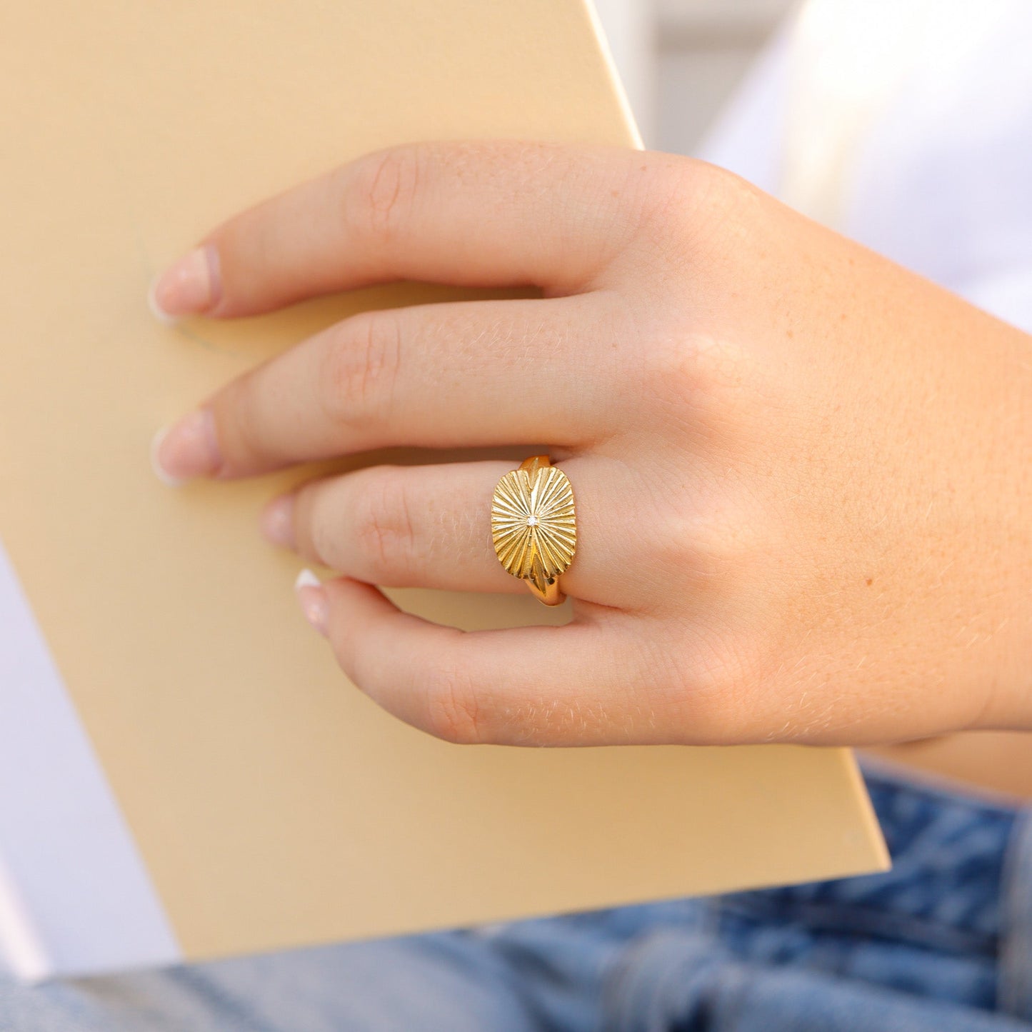 18K Gold PVD Stainless Steel Cubic Zirconia Sunburst Rectangle Ring / KSS0004