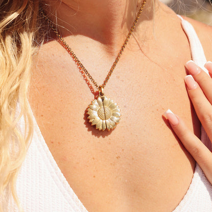 18K Gold PVD Stainless Steel Sunflower Hidden Message Necklace / CHN9973