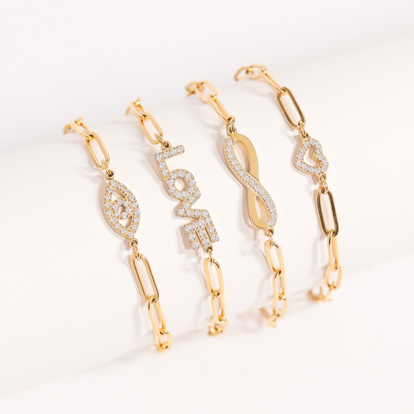 18K Gold PVD Stainless Steel Stone "Evil Eye" Paperclip Chain Bracelet / BRJ1005