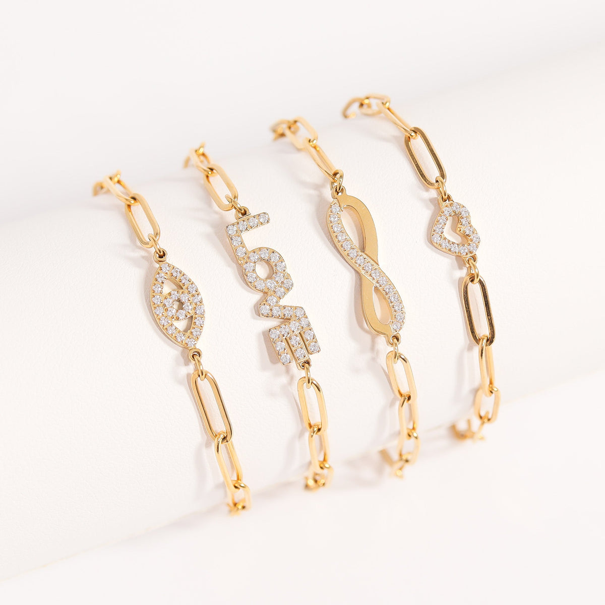18K Gold PVD Stainless Steel Stone "Heart" Paperclip Chain Bracelet / BRJ1006