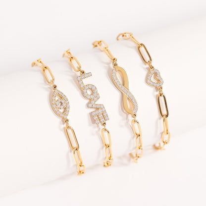 18K Gold PVD Stainless Steel Stone "Heart" Paperclip Chain Bracelet / BRJ1006