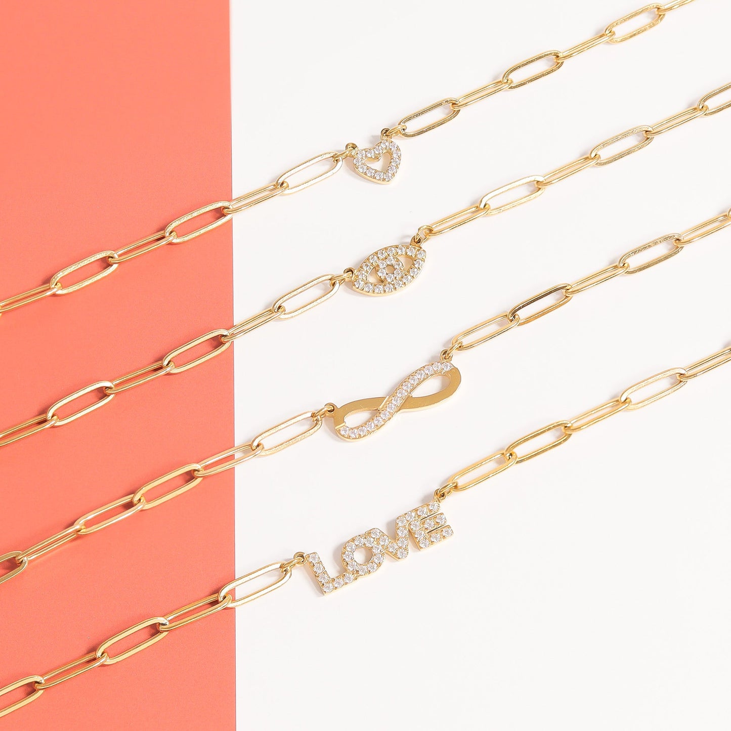 18K Gold PVD Stainless Steel Stone "Evil Eye" Paperclip Chain Necklace / CHN9975