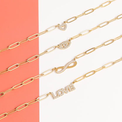 18K Gold PVD Stainless Steel Stone "Evil Eye" Paperclip Chain Necklace / CHN9975