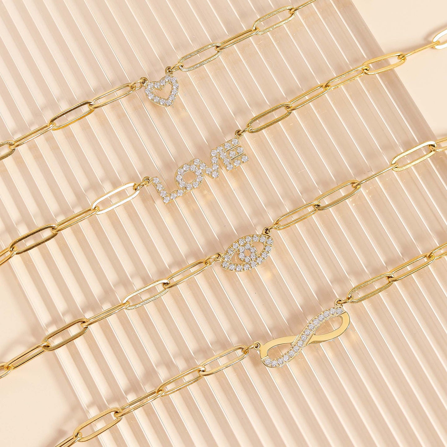 18K Gold PVD Stainless Steel Stone "Love" Paperclip Chain Necklace / CHN9974