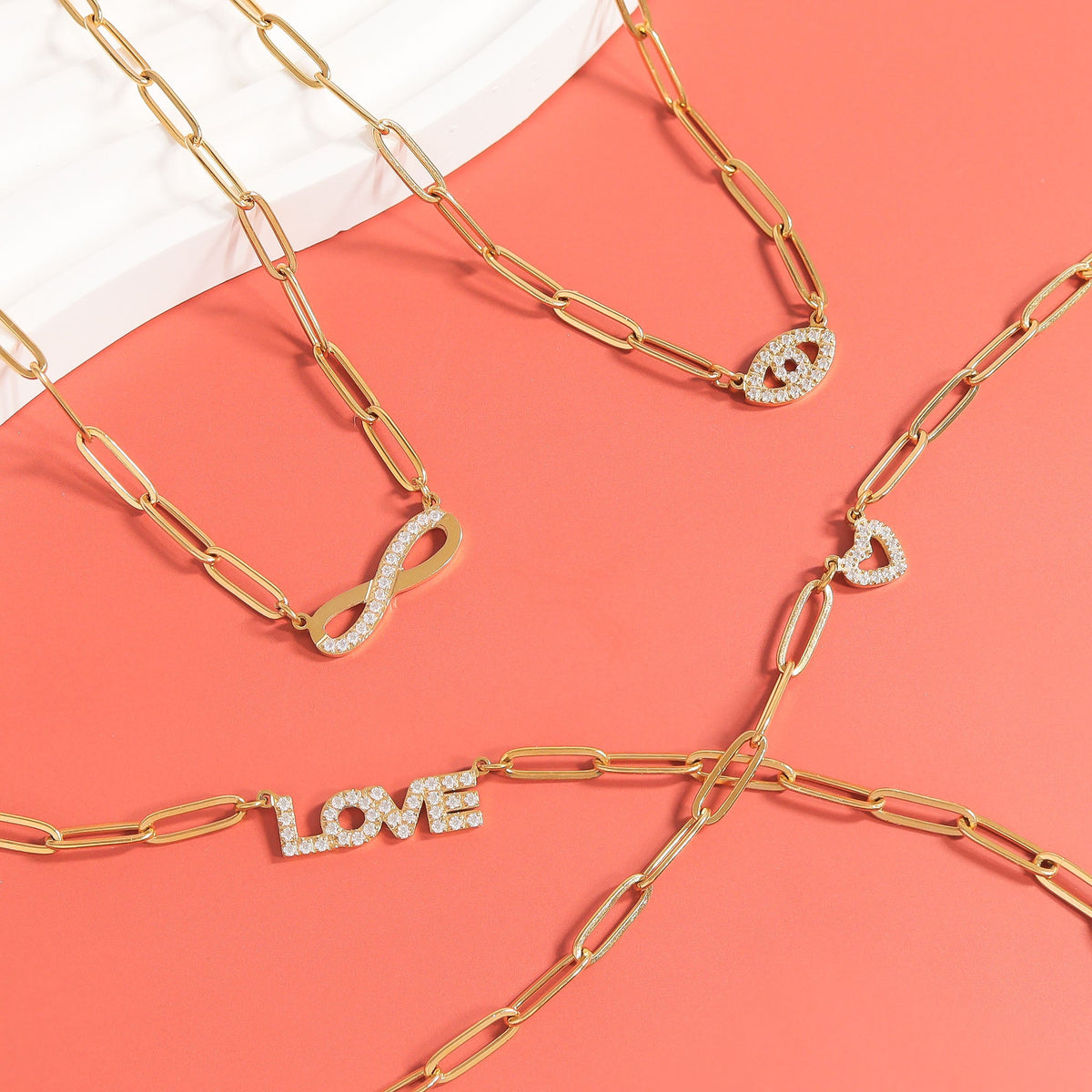18K Gold PVD Stainless Steel Stone "Infinity" Paperclip Chain Necklace / CHN9977